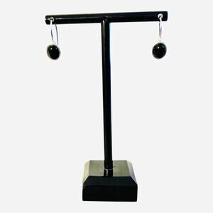 Black Cabochon Lever Back Small Dangle Hoop Earrings